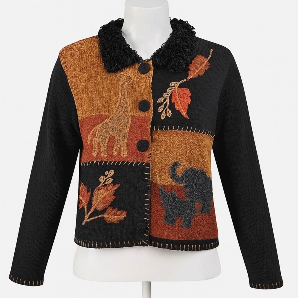 Victoria Harbour Cardigan Sweater Womens M Black Brown Giraffe Elephant Safari